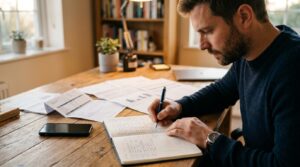 Como eliminar os gastos formiga que corroem seu patrimônio sem abrir mão do que importa 3 Homem anotando meticulosamente suas despesas diárias em um caderno aberto sobre a mesa, com um smartphone e extratos bancários ao fundo, focado em uma