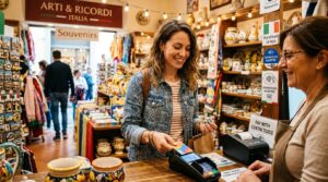 Turista realizando um pagamento sem contato com um cartão de crédito em uma loja de souvenirs durante uma viagem internacional
