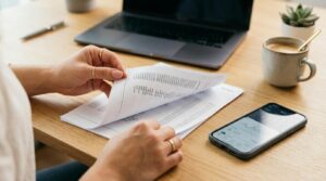 Como detectar assinaturas que não uso e cancelá-las para organizar suas finanças 2 Close-up de mãos folheando fatura de cartão de crédito impressa ao lado de um celular com aplicativo de banco aberto, sobre uma mesa clean com café e