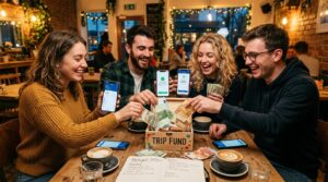 Amigos em um café moderno conferindo valores no celular e combinando contribuições financeiras para uma viagem, demonstrando acordo e entusiasmo, ilum 