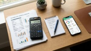Calculadora, libreta con notas y móvil con finanzas sobre un escritorio
