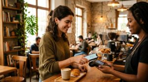 Como eliminar os gastos formiga que corroem seu patrimônio sem abrir mão do que importa 2 Mulher jovem pagando uma pequena compra do dia a dia usando o celular em uma cafeteria aconchegante, ilustrando despesas pequenas e frequentes
