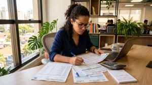 Como sair de dívidas passo a passo no Brasil e retomar o controle financeiro 2 Uma pessoa concentrada analisando extratos bancários e contas de consumo em uma mesa de escritório limpa e moderna, com expressão séria e focada, em u