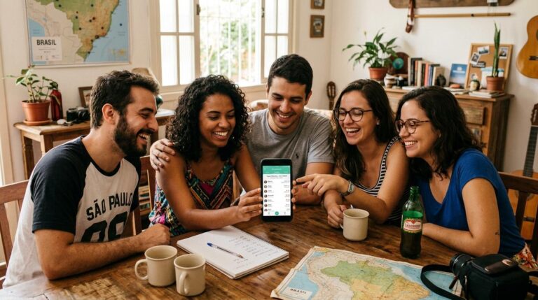 Grupo de pessoas sentadas ao redor de uma mesa conferindo despesas de viagem no celular