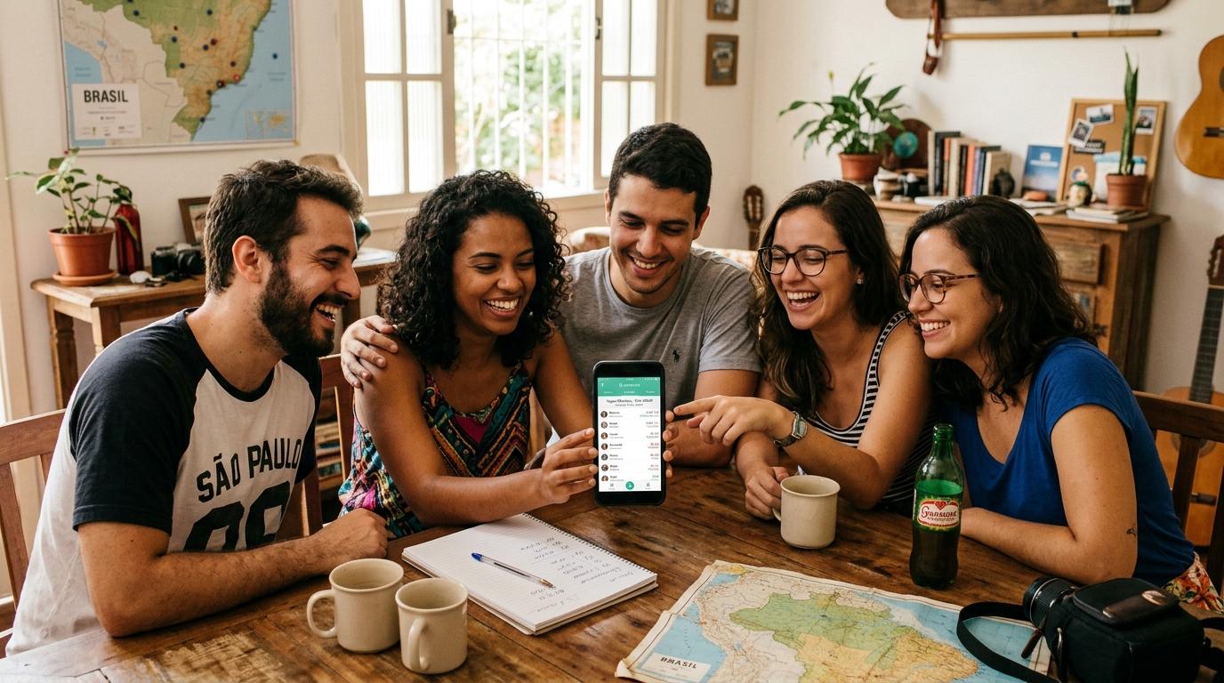 Grupo de pessoas sentadas ao redor de uma mesa conferindo despesas de viagem no celular