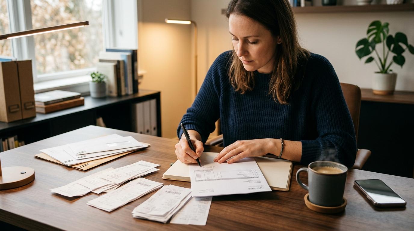 Como eliminar os gastos formiga que corroem seu patrimônio sem abrir mão do que importa 1 Pessoa analisando recibos e anotando despesas do dia a dia em um caderno para controlar o orçamento mensal
