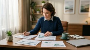 Independência financeira: o que é, como funciona e como alcançar na prática 3 Uma pessoa adulta analisando documentos e gráficos impressos sobre uma mesa organizada, com xícara de café ao lado, em um escritório limpo com tons qu