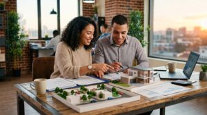 Como diferenciar entre dívida boa e dívida ruim para organizar suas finanças 3 Casal jovem sorridente analisando maquetes de imóveis e documentos de financiamento em uma mesa de escritório moderna e iluminada