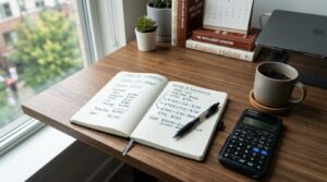 Mesa de trabalho organizada com caderno aberto exibindo cálculos manuscritos de planejamento financeiro, calculadora, caneta e xícara de café ao lado,