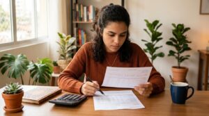 Pessoa jovem analisando um contracheque impresso sobre uma mesa organizada, com calculadora e caneta ao lado, expressão concentrada e focada, ambiente
