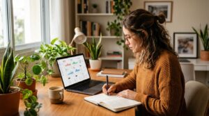 Como detectar assinaturas que não uso e cancelá-las para organizar suas finanças 3 Pessoa anotando em um caderno enquanto visualiza múltiplas cobranças de streaming e serviços digitais na tela de um laptop, em um escritório doméstico