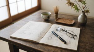 Método Kakebo: o que é, como funciona e como aplicar no seu dia a dia 2 Um caderno de contas domésticas aberto com anotações manuscritas organizadas em colunas, caneta e óculos de leitura apoiados sobre a página, em uma me