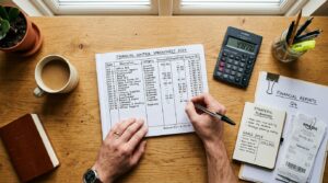 Como sair de dívidas passo a passo no Brasil e retomar o controle financeiro 3 Visão de cima de uma planilha de controle financeiro sendo preenchida à mão, com calculadora, canetas e documentos organizados ao lado, em uma superfí