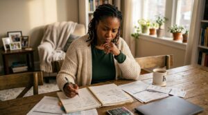 Adulto em ambiente doméstico aconchegante, analisando documentos financeiros e anotações em um caderno aberto sobre uma mesa de jantar, com expressão
