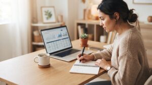 Como diferenciar entre dívida boa e dívida ruim para organizar suas finanças 2 Pessoa focada analisando extratos bancários no computador e anotando valores em um caderno sobre uma mesa de madeira clara, com uma xícara de café ao