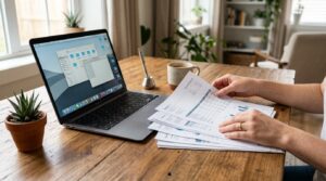Mãos organizando documentos e extratos sobre uma mesa de madeira, com um laptop aberto ao lado, em um ambiente de trabalho limpo e moderno com ilumina
