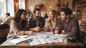 Quatro pessoas sentadas ao redor de uma mesa de madeira com mapas e roteiros de viagem abertos, conversando e planejando o itinerário com expressões a