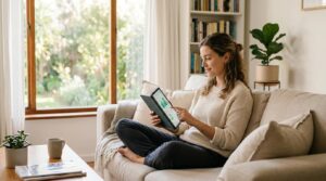  Pessoa sentada relaxada em um sofá claro, segurando um tablet e analisando suas finanças com uma expressão tranquila, com luz natural suave entrando p
