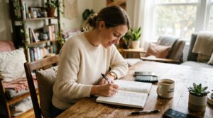 Independência financeira: o que é, como funciona e como alcançar na prática 2 Uma pessoa sentada à mesa com caderno aberto e caneta, fazendo anotações detalhadas sobre planejamento financeiro, em um ambiente doméstico aconchegan