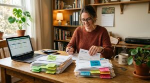 Uma pessoa separando contas e documentos em duas pilhas distintas sobre uma mesa, com post-its coloridos indicando prioridades, ambiente de escritório
