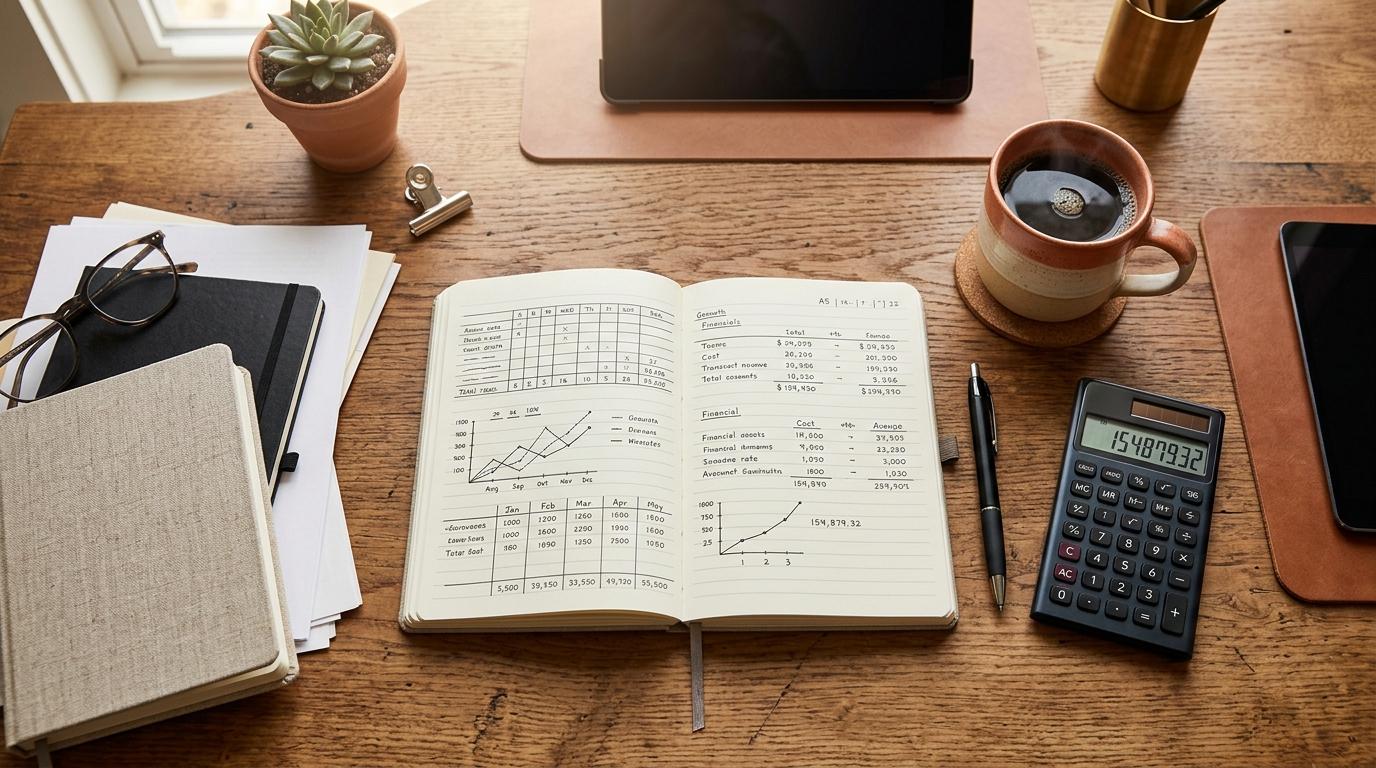 Pessoa sentada à mesa analisando extratos bancários e anotando dados em um caderno para fazer uma revisão financeira anual