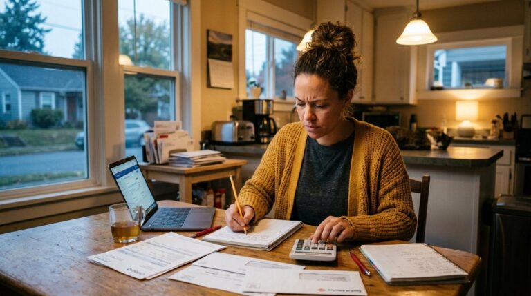 Pessoa sentada à mesa revisando extratos bancários e anotando gastos em um caderno após as férias