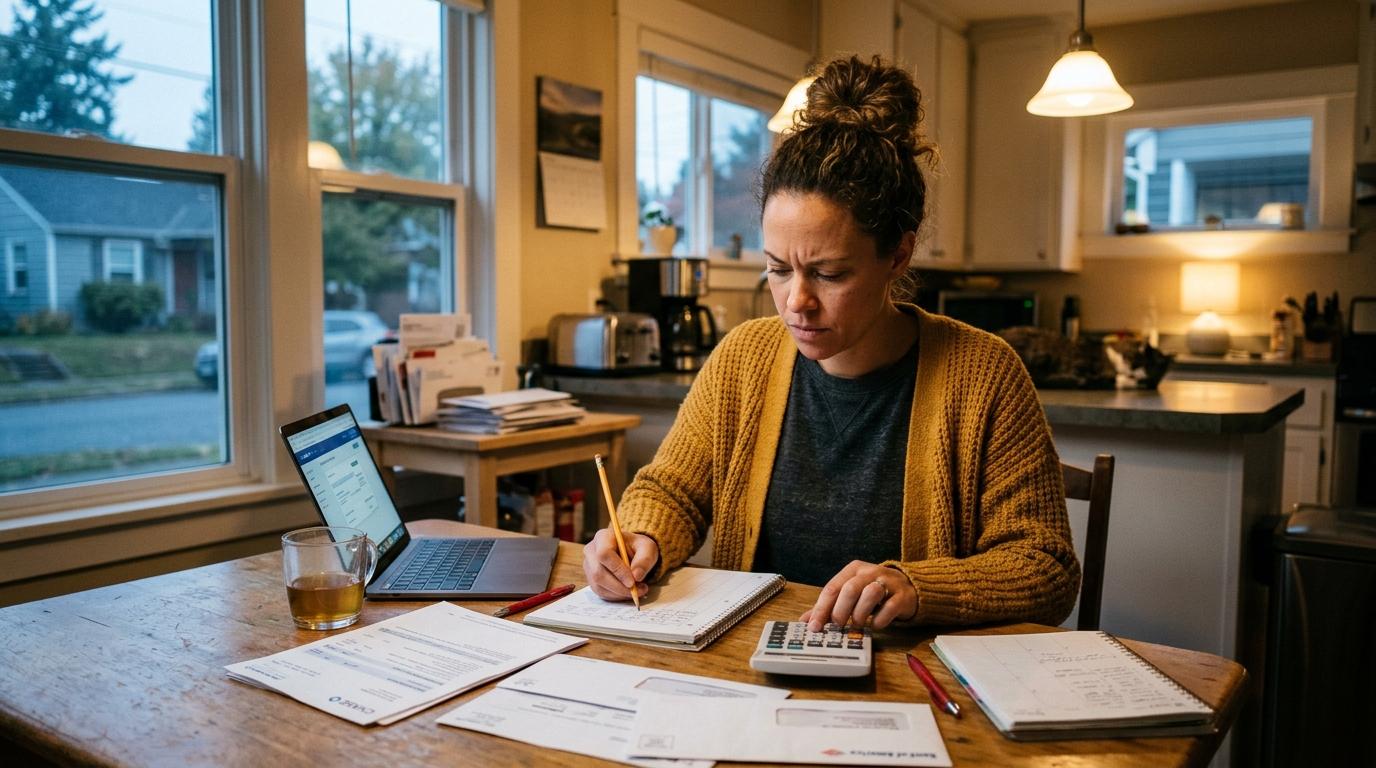 Pessoa sentada à mesa revisando extratos bancários e anotando gastos em um caderno após as férias