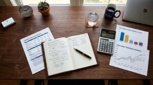 Visão de cima de uma mesa de escritório elegante com documentos financeiros abertos, uma calculadora moderna, gráficos impressos comparando rendimento
